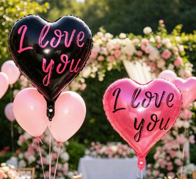 2 pcs Black and Pink- "I Love You" Heart-shaped Foil Balloons